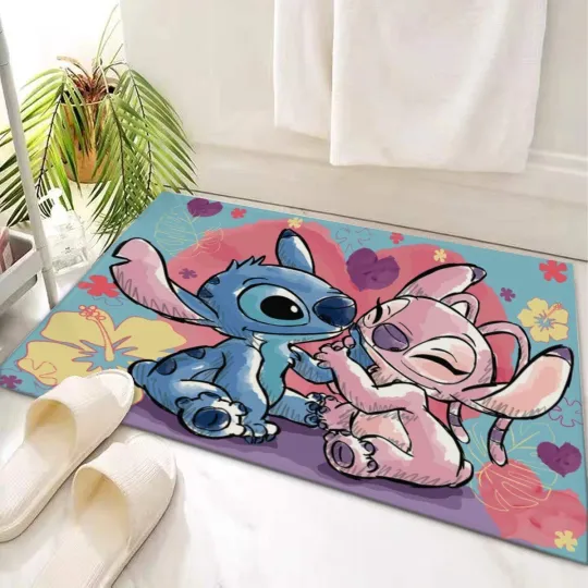Discover Stitch And Angel Love Couple Print Door Mat Rug Carpet With Non-slip Backing