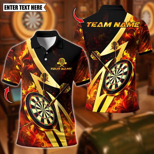 Discover Personalized Name Dart Polo Shirt,  Gold Flame Dartboard Design ,Custom Team Shirt for Men, Gift for Darts Players