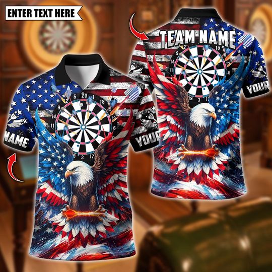 Discover Personalized Name Dart Polo Shirt, American Eagle Darts Design ,Custom Team Shirt for Men, Gift for Darts Players
