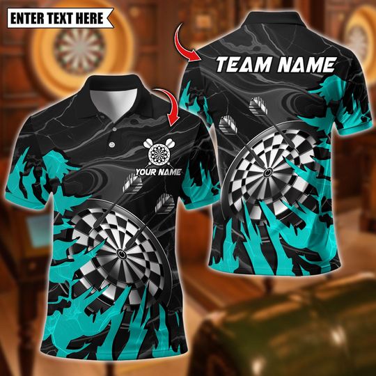 Discover Personalized Name Dart Polo Shirt, Dart Board Turquoise Grunge Design ,Custom Team Shirt for Men, Gift for Darts Players