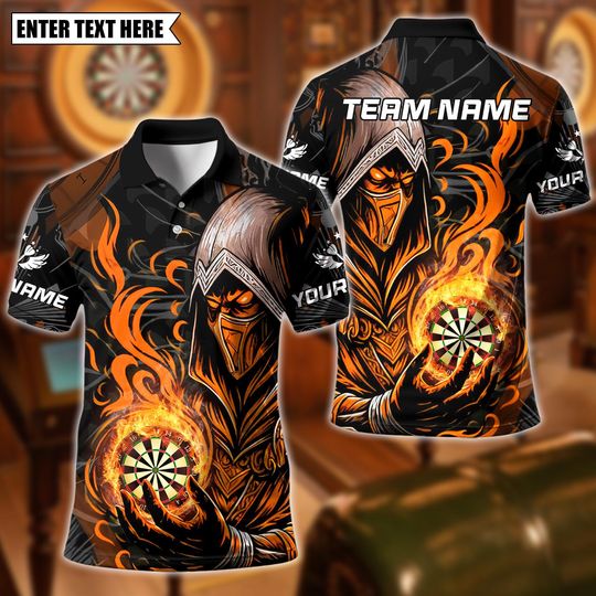 Discover Personalized Name Dart Polo Shirt, Assassin With Flame Dartboard Design ,Custom Team Shirt for Men, Gift for Darts Players
