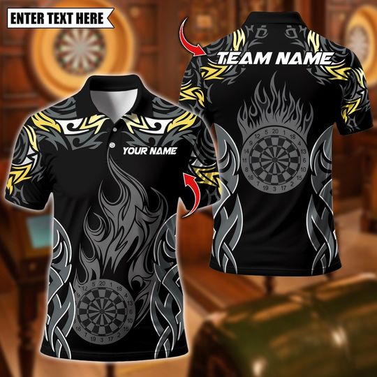 Discover Personalized Name Dart Polo Shirt, Fire Flame Dartboard Design, Custom Team Shirt for Men, Gift for Darts Players