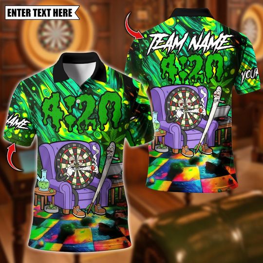 Discover Personalized Name Dart Polo Shirt, 420 Vibe Trippy Chill Dartboard Design, Custom Team Shirt for Men, Gift for Darts Players