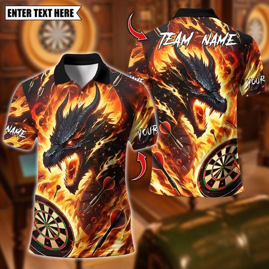 Discover Personalized Name Dart Polo Shirt, Dartboard Fire Dragon Flame Art Design ,Custom Team Shirt for Men, Gift for Darts Players