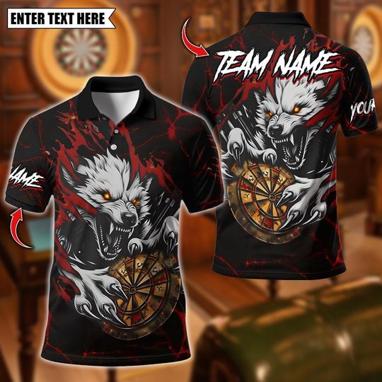 Discover Personalized Name Dart Polo Shirt, Wolf Lightning Dartboard Design, Custom Team Shirt for Men, Gift for Darts Players