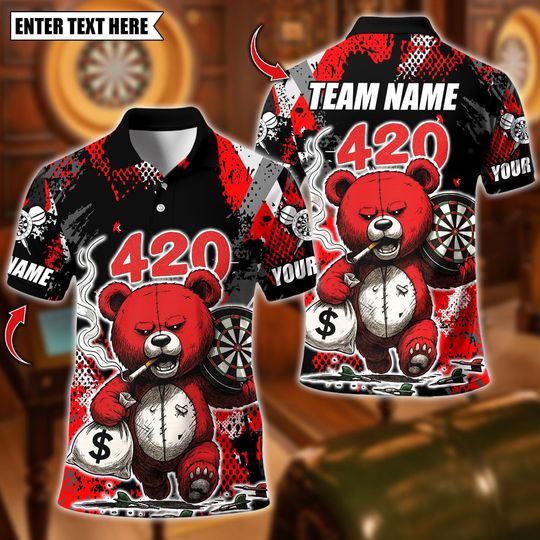 Discover Personalized Name Dart Polo Shirt, 420 Teddy Bear Carry Money With Dartsboard Design ,Custom Team Shirt for Men, Gift for Darts Players