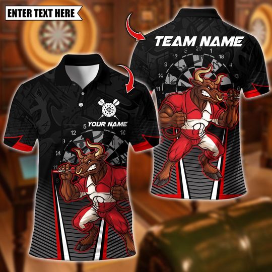Discover Personalized Name Dart Polo Shirt, Muscle Bull WithDartsboard Design ,Custom Team Shirt for Men, Gift for Darts Players