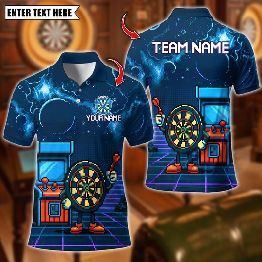 Discover Personalized Name Dart Polo Shirt, Game Dartsboard Pixel Design ,Custom Team Shirt for Men, Gift for Darts Players