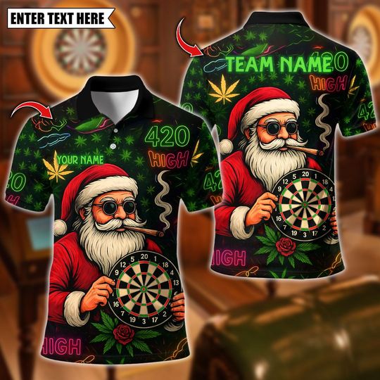 Discover Personalized Name Dart Polo Shirt, 420 Smoking Santa Claus With Dartboard Design ,Custom Team Shirt for Men, Gift for Darts Players