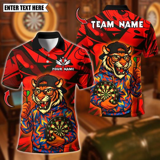 Discover Personalized Name Dart Polo Shirt, Streetwear Tiger with Dartboard Design ,Custom Team Shirt for Men, Gift for Darts Players