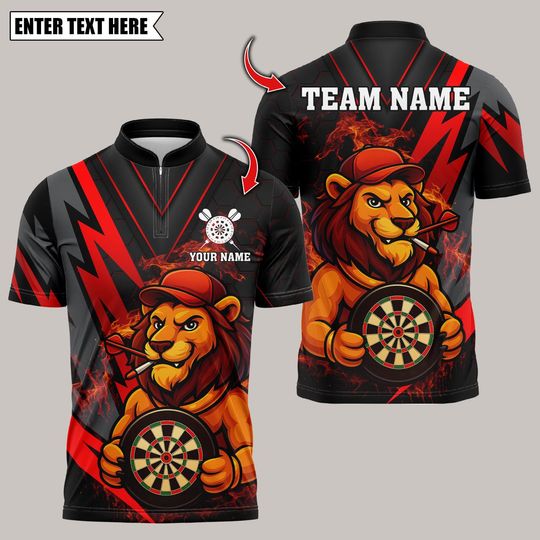 Discover Personalized Name Dart Polo Shirt, Darts Lion  Design ,Custom Team Shirt for Men, Gift for Darts Players