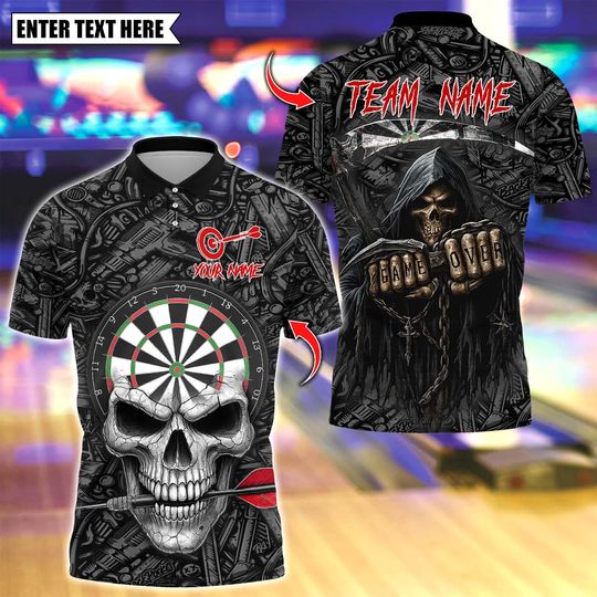 Discover Personalized Name Dart Polo Shirt, Flame Skull With Dartboard Design ,Custom Team Shirt for Men, Gift for Darts Players