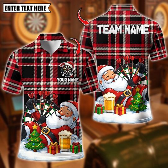 Discover Personalized Name Dart Polo Shirt, Santa Claus And Beer With Dartboard Design ,Custom Team Shirt for Men, Gift for Darts Players