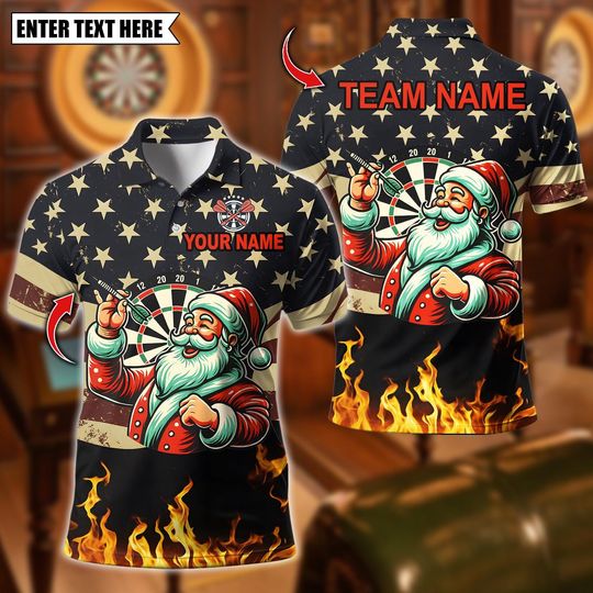 Discover Personalized Name Dart Polo Shirt, Funny Santa Claus American Flag Darts Design ,Custom Team Shirt for Men, Gift for Darts Players