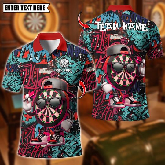 Discover Personalized Name Dart Polo Shirt, Graffiti Funny Dartboard Design Polo ,Custom Team Shirt for Men, Gift for Darts Players