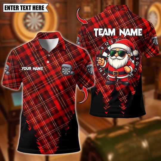 Discover Personalized Name Dart Polo Shirt, Funny Christmas Santa Dartboard Design, Custom Team Shirt for Men, Gift for Darts Players