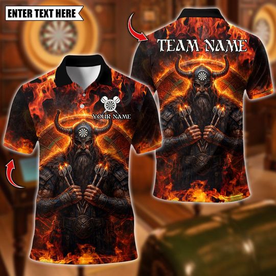 Discover Personalized Name Dart Polo Shirt, Viking Fire Warrior Darts Design ,Custom Team Shirt for Men, Gift for Darts Players