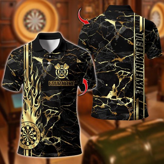 Discover Personalized Name Dart Polo Shirt, Flame Golden DartBoard Design ,Custom Team Shirt for Men, Christmas Gifts For Darts Players