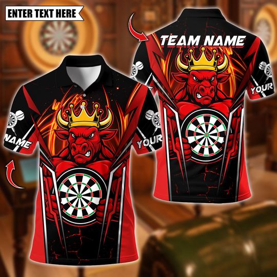 Discover Personalized Name Dart Polo Shirt, Fire Bull Darts Design ,Custom Team Shirt for Men, Gift for Darts Players