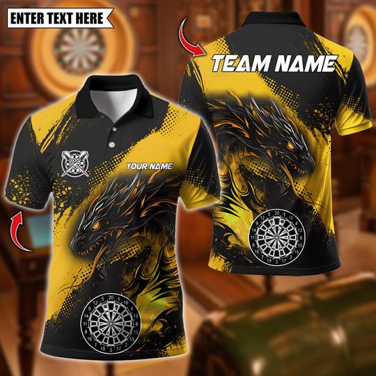 Discover Personalized Name Dart Polo Shirt, Dragon With Dartboard Design ,Custom Team Shirt for Men, Gift for Darts Players