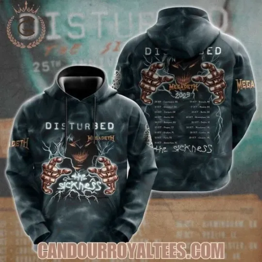 Discover Disturbed x MEGADETH 2025 The Sickness Hoodie Unisex All Sizes