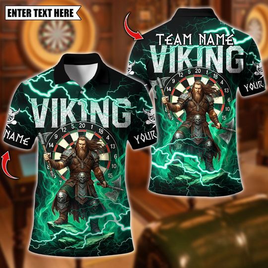 Discover Personalized Name Dart Polo Shirt, Light Thunder Viking Warrior Dartboard Design, Custom Team Shirt for Men, Gift for Darts Players