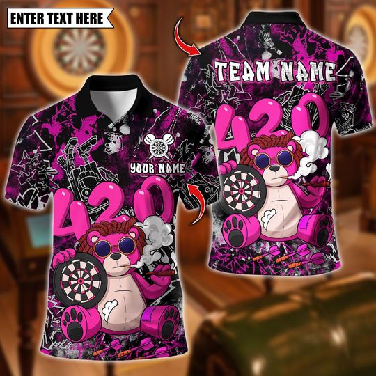 Discover Personalized Name Dart Polo Shirt, 420 Smoker Teddy Bear Dartboard Design, Custom Team Shirt for Men, Gift for Darts Players
