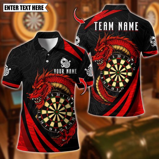 Discover Personalized Name Dart Polo Shirt, Asian Dragon Dartboard Design, Custom Team Shirt for Men, Gift for Darts Players