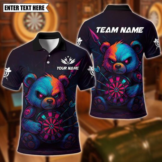 Discover Personalized Name Dart Polo Shirt, Darts Bear Graffity Design ,Custom Team Shirt for Men, Gift for Darts Players