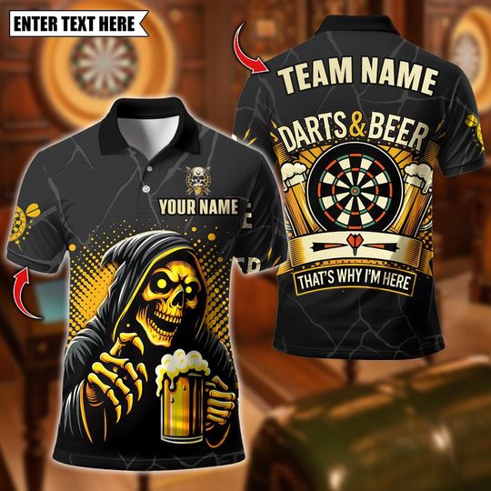 Discover Personalized Name Dart Shirt, Darts And Beer That's Why I'm Here Death Skeleton Design, Custom Team Shirt for Men, Gift for Darts Players
