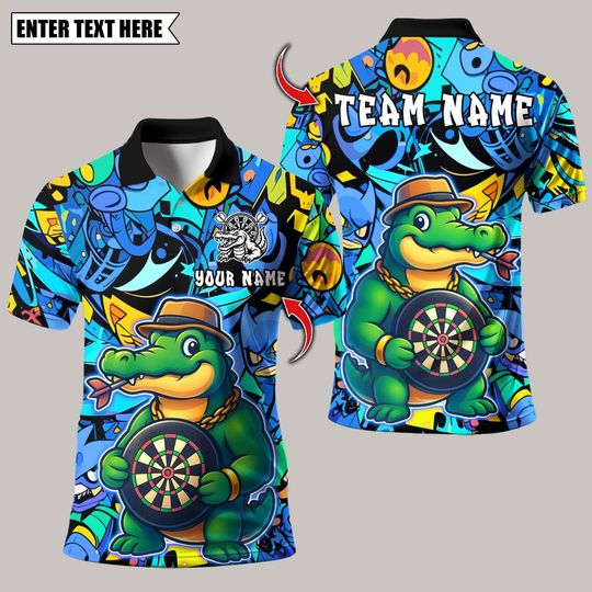 Discover Personalized Name Dart Polo Shirt, Crocodile Tough Cartoon Dartboard Design, Custom Team Shirt for Men, Gift for Darts Players