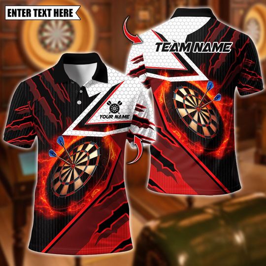 Discover Personalized Name Dart Polo Shirt, Flaming Dartboard Blaze Design ,Custom Team Shirt for Men, Gift for Darts Players