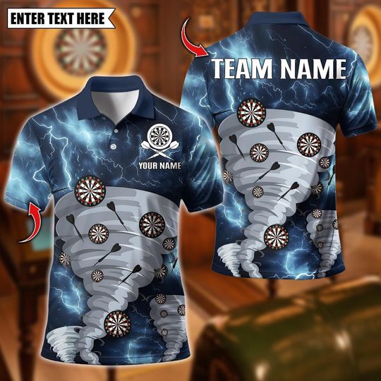 Discover Personalized Name Dart Polo Shirt, Thunder Lightning Dartboard Design, Custom Team Shirt for Men, Gift for Darts Players