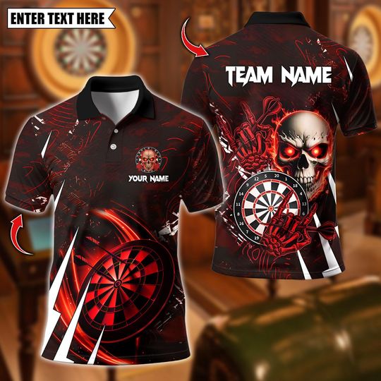 Discover Personalized Name Dart Polo Shirt, 3D Skull Dartboard Design, Custom Team Shirt for Men, Gift for Darts Players