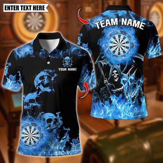 Discover Personalized Name Dart Polo Shirt, Fire Flame Skull With Dartboard Design ,Custom Team Shirt for Men, Gift for Darts Players