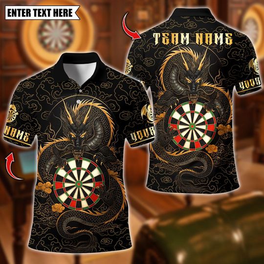 Discover Personalized Name Dart Polo Shirt, Dragon Asian With Dartboard Design ,Custom Team Shirt for Men, Gift for Darts Players