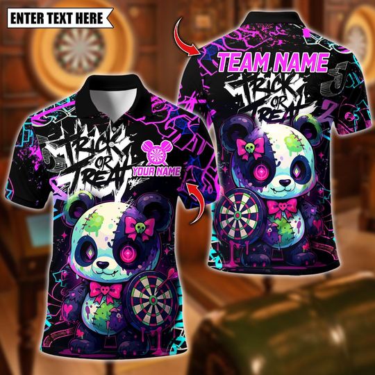 Discover Personalized Name Dart Polo Shirt, Scary Panda With Dartboard Design, Custom Team Shirt for Men, Gift for Darts Players