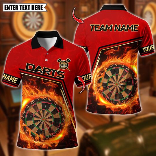 Discover Personalized Name Dart Polo Shirt, Flaming Dartboard Design, Custom Team Shirt for Men, Gift for Darts Players