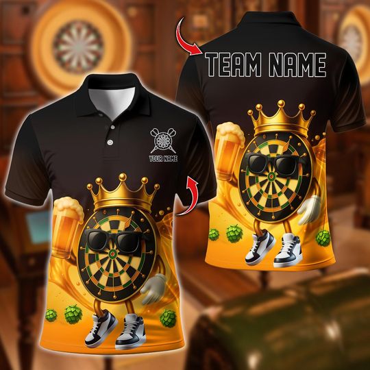 Discover Personalized Name Dart Polo Shirt, Cool King Dartboard With Beer Design, Custom Team Shirt for Men, Gift for Darts Players