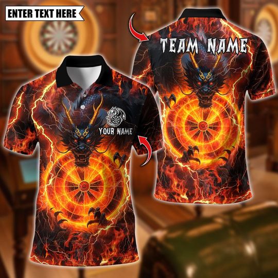 Discover Personalized Name Dart Polo Shirt, Thunder Lightning Dragon With Dartboard Design, Custom Team Shirt for Men, Gift for Darts Players