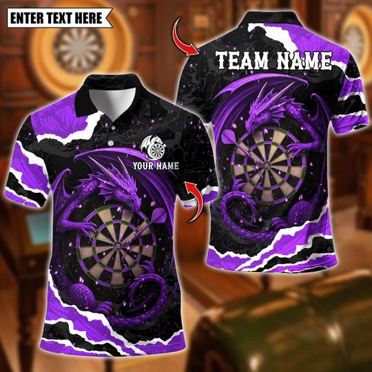 Discover Personalized Name Dart Polo Shirt, Dragon With Dartboard Design, Custom Team Shirt for Men, Gift for Darts Players