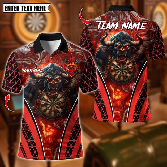 Discover Personalized Name Dart Polo Shirt, Fire Bull Darts Design ,Custom Team Shirt for Men, Gift for Darts Players