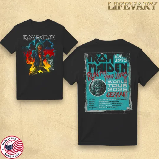 Discover Iron Maiden Run For Your Lives 2025 Tour Germany Double Sided Unisex T-Shirt
