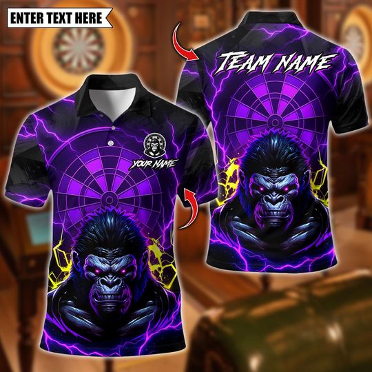 Discover Personalized Name Dart Polo Shirt, Thunder Light Gorrila Dartboard Design ,Custom Team Shirt for Men, Gift for Darts Players