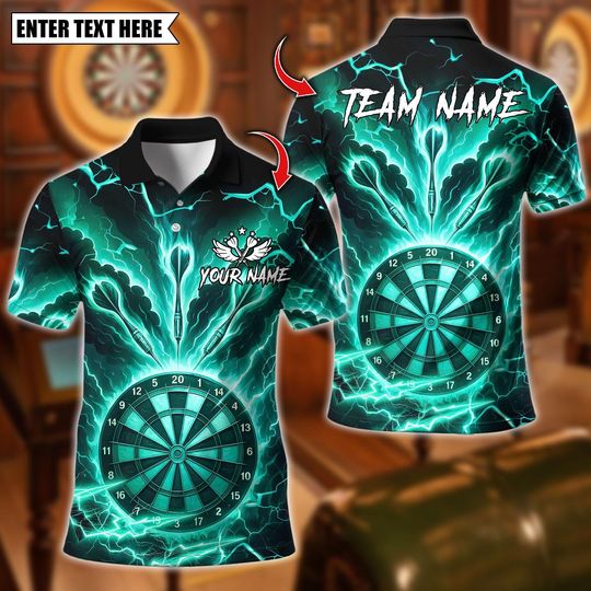Discover Personalized Name Dart Polo Shirt, Lightning Dartboard Design ,Custom Team Shirt for Men, Gift for Darts Players