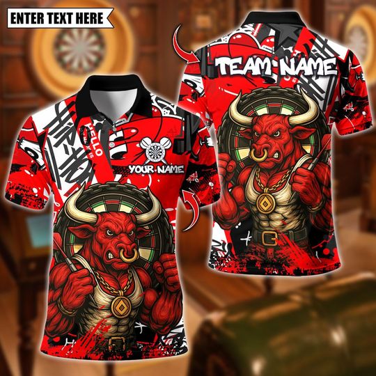 Discover Personalized Name Dart Polo Shirt, Fire Bull Darts Design ,Custom Team Shirt for Men, Gift for Darts Players