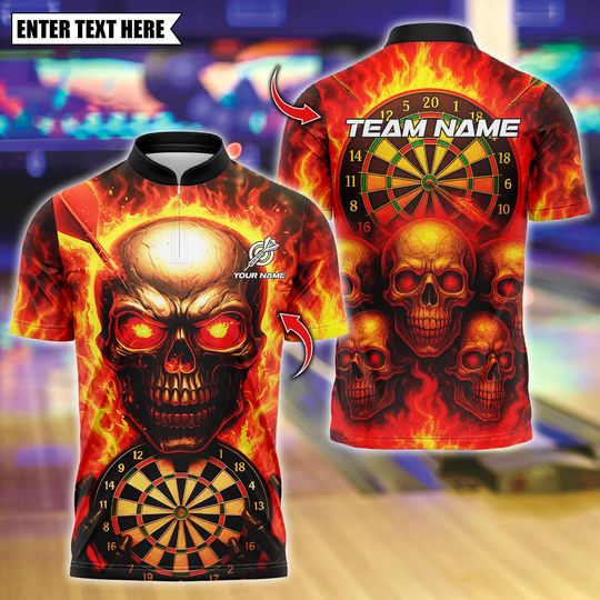 Discover Personalized Name Dart Polo Shirt, Flame Skull With Dartboard Design ,Custom Team Shirt for Men, Gift for Darts Players