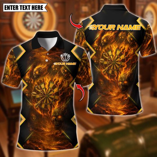 Discover Personalized Name Dart Polo Shirt, Flame Skull With Dartboard Design ,Custom Team Shirt for Men, Gift for Darts Players
