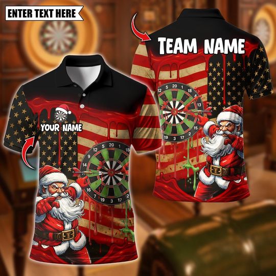 Personalized Name Dart Polo Shirt, American Flag Santa Dartboard Design, Custom Team Shirt for Men, Gift for Darts Players