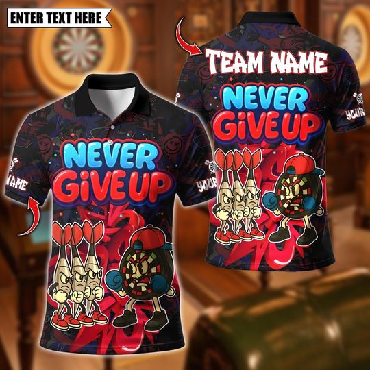 Discover Personalized Name Dart Polo Shirt, Never Give Up Graffiti Dartboard Design, Custom Team Shirt for Men, Gift for Darts Players